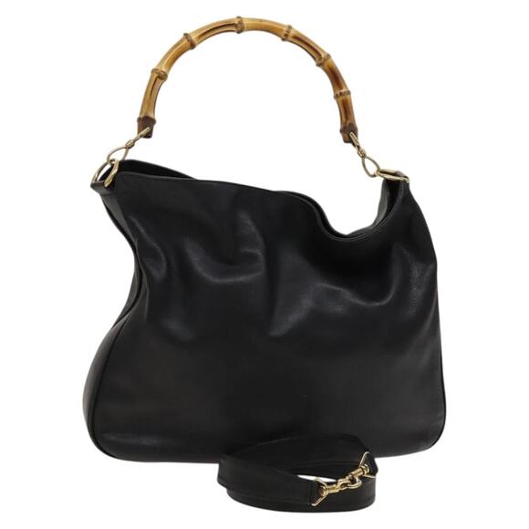 GUCCI Bamboo Hand Bag Leather Black Gold 001 1781 001 1781 - Picture 1 of 16